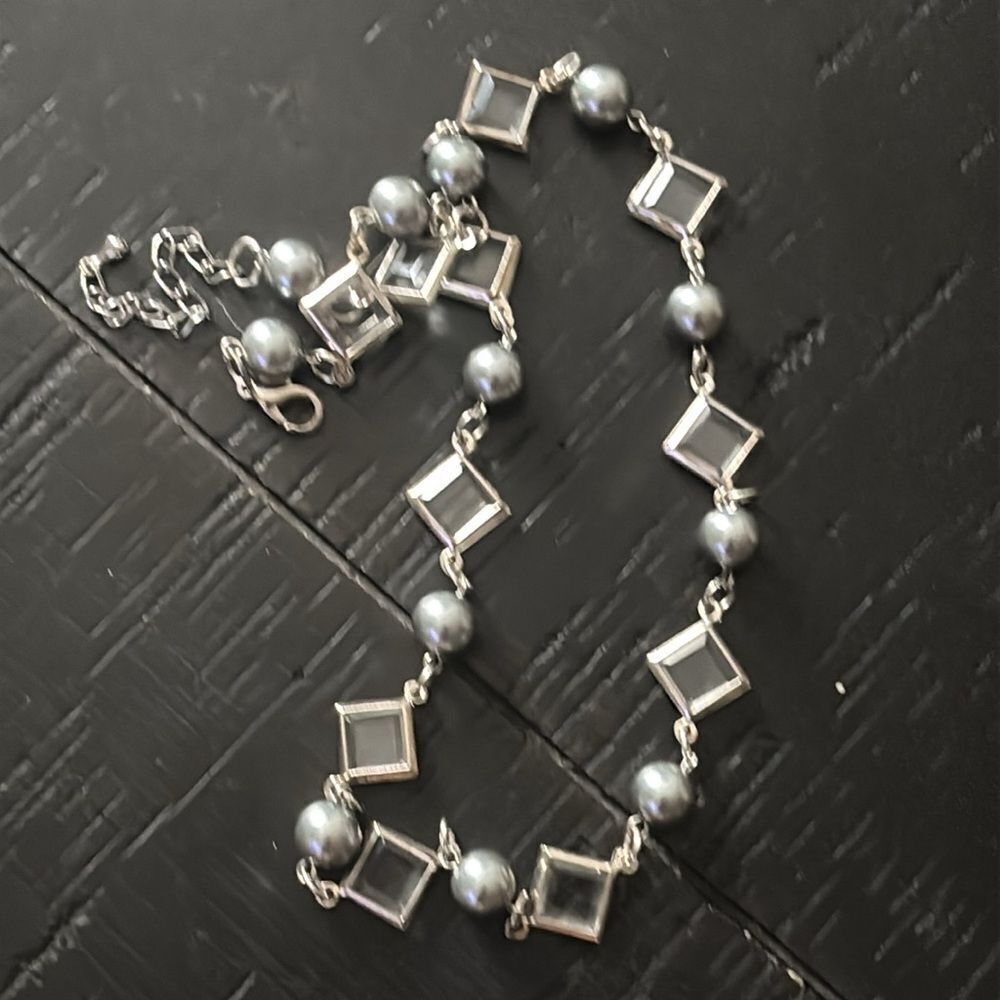 Dainty Square Clear Faux Gray Pearl Glass Necklace